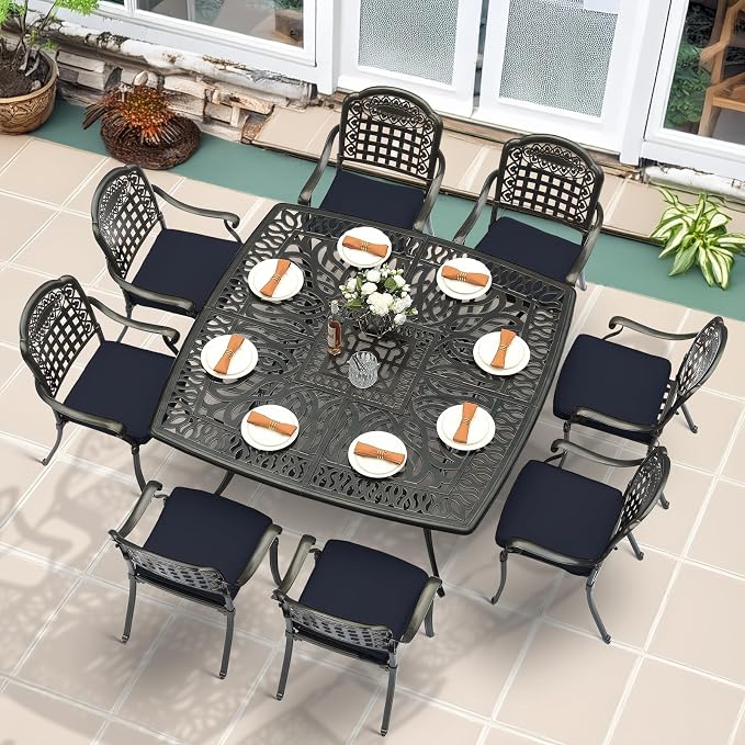 MEETWARM 9-Piece Outdoor Furniture Dining Set for 8, All Weather Cast Aluminum Patio Dining Set- Large 64" Square Table with Umbrella Hole and 8 Cushioned Chairs, Patio Table and Chairs Set, Navy Blue