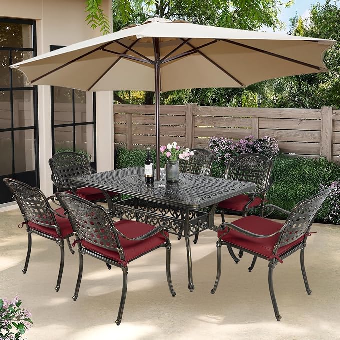 7-Piece Outdoor Patio Dining Set, 60” Rectangular Cast Aluminum Dining Table with Umbrella Hole and 6 Outdoor Dining Cushioned Chairs, Patio Funiture Set for Backyard, Patio, Garden, Red