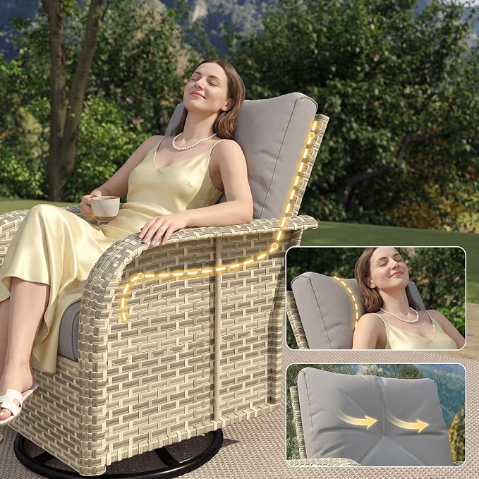 LazySunsets 9 Piece Outdoor Patio Furniture Set with 44'' Fire Pit Table, Wicker Rattan Outdoor Furniture with High Back Swivel Rocker Chairs, Outdoor Sofa Set with Thick Cushions & Ottoman, Grey