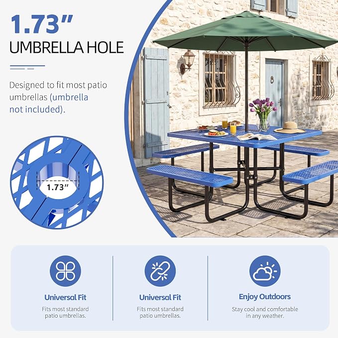 46" Square Metal Picnic Table with 1.73" Umbrella Hole, Commercial Steel Picnic Table, Heavy Duty Picnic Tables with Benches for Outdoor Garden Courtyard BBQ, Blue