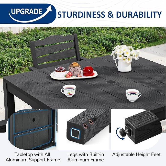 5-Piece Patio Dining Set, Outdoor Dining Square Table w/Aluminum Frame and 4 Chairs, Weatherproof HIPS Dining Furniture with Umbrella Hole, for Backyard Garden Deck Poolside, Black