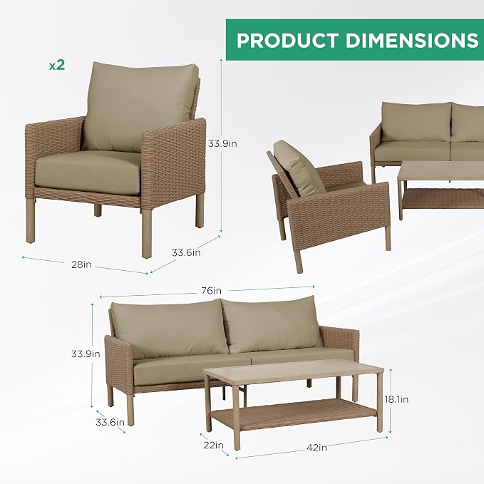 4-Piece Wicker Patio Furniture Set, Outdoor Conversation Set with Coffee Table and Removable Thickened Cushions, Modern Sectional Sofa for Backyard, Garden & Lawn, Beige