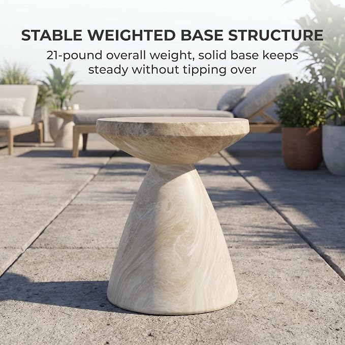 18 x 21 Inch Sculptural Round Outdoor Side Table for Patio, Weather-Resistant Faux Terrazzo Garden Stool, Modern Patio Accent Table for Indoor and Outdoor Use, Drum End Tables, Marble Color