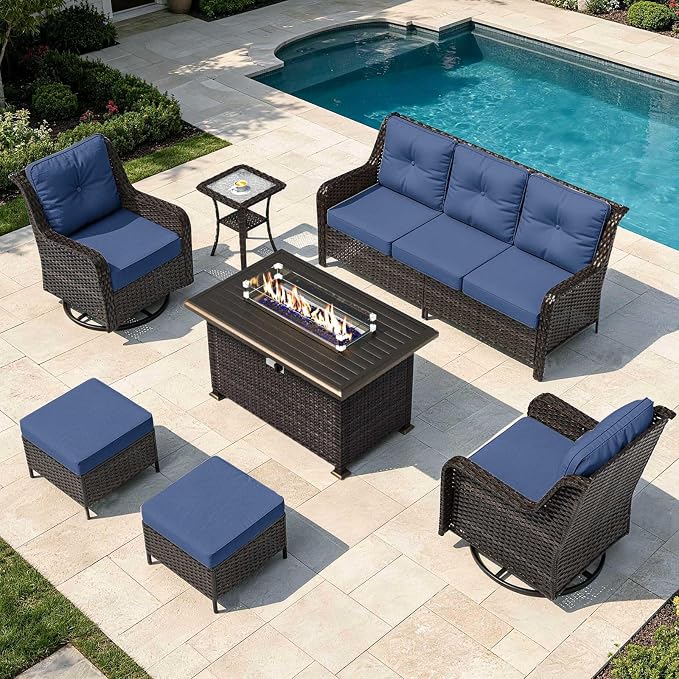 7-Piece Patio Furniture Set, Thick Wicker Outdoor Furniture Set with 2 Swivel Chairs, Outdoor Sectional Sofa with Fire Pit Table, Patio Conversation Set for Backyard, Porch, Deck, Dark Blue