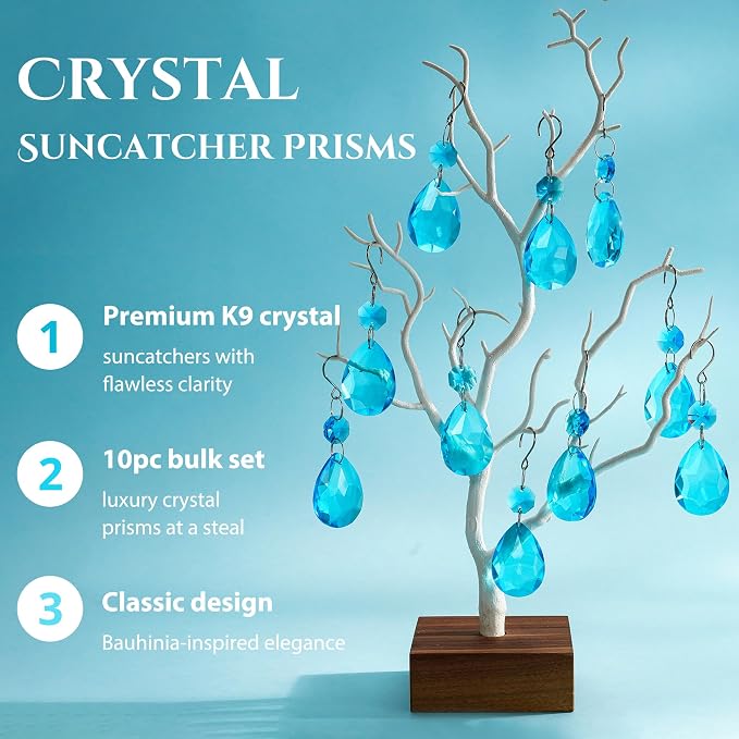 10 Pcs Lake Blue Crystal Bauhinia Suncatcher Prisms Chandelier Window Decor | Lake Blue Crystal Bauhinia Prisms Suncatcher Pendants 3 Inch Chandelier Hanging Sun Catcher for Window Garden Wedding Decor