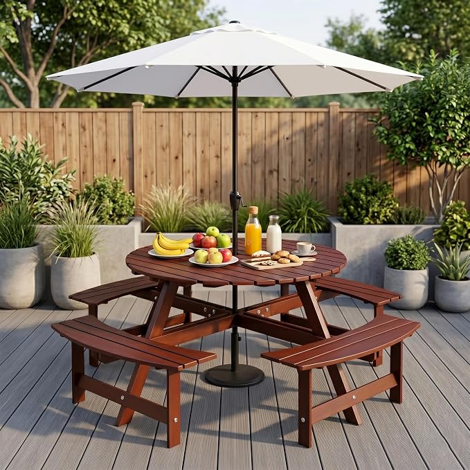 8 Person Outdoor Picnic Table, Round Dining Table with 4 Built-in Benches and Umbrella Hole, Outside Garden Backyard Table and Bench Set, 500lbs Capacity Per Bench (Brown)