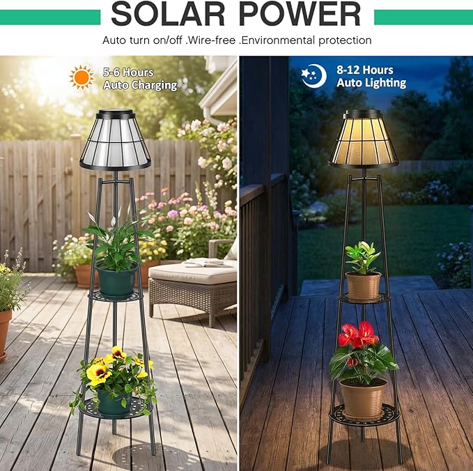 2 Pack Solar Floor Lamps Outdoor with 2-Tier Plant Stand, Metal Tall Planter Holder with Waterproof LED Lantern, Decorative Patio Light & Flower Pot Display Rack for Garden, Deck, Porch, Balcony