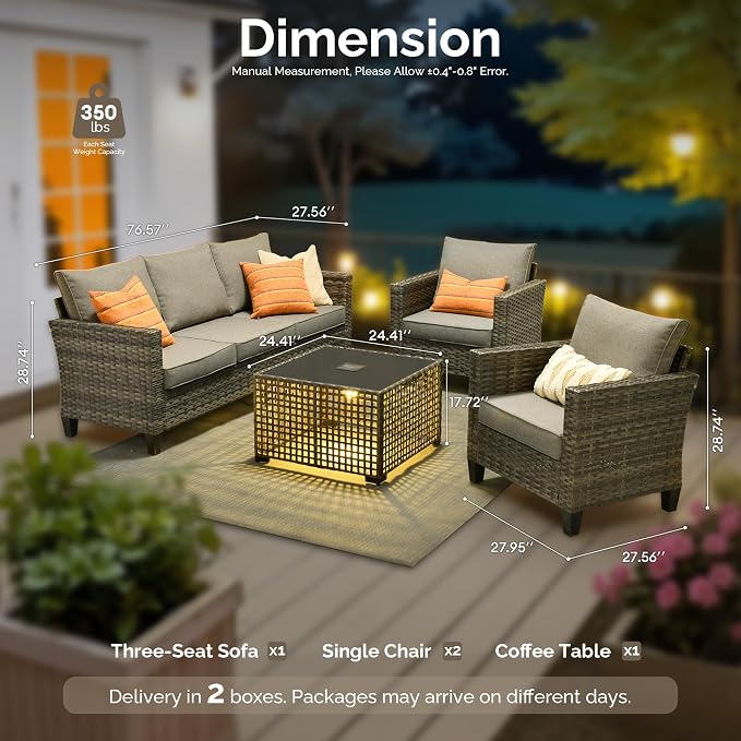4 Piece Wicker Patio Furniture Set with Solar Table, Dark Gray | Outdoor Deep Seating Sofa Chair, Solar Lights Table, All Weather Rattan, Modern Conversation Set, Porch Deck Backyard