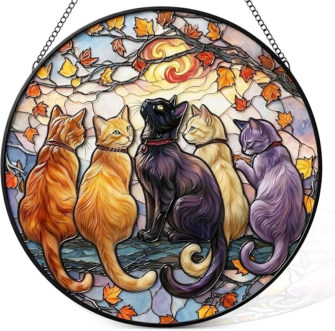 Statement Deluxe Bundle | Stained Glass Window Hanging, Five Cats 3D Embossed Diamond Glass Suncatcher, 7-Piece Cat Lover Gift Set with Crystal Pendant & Invisible Hooks
