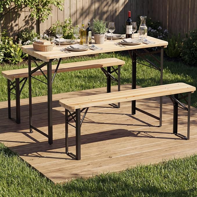 Byroce Folding Picnic Table Set with Benches, 47” Fir Wood Beer Table Set, Outdoor Dining Table with Heavy-Duty Metal Frame, Foldable Picnic Table for Patio, Garden, Backyard, BBQ & Parties (47")