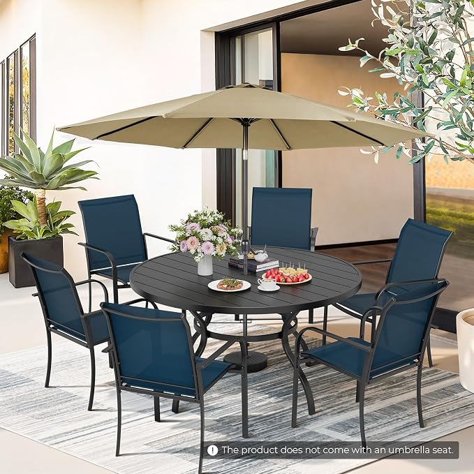 Incbruce 8 PCS Patio Dining Set with Brown Umbrella, Outdoor Dining Set of 6 Textilene Chairs and 53" Round Table with Umbrella Hole for Backyard, Garden, and Poolside (Blue)