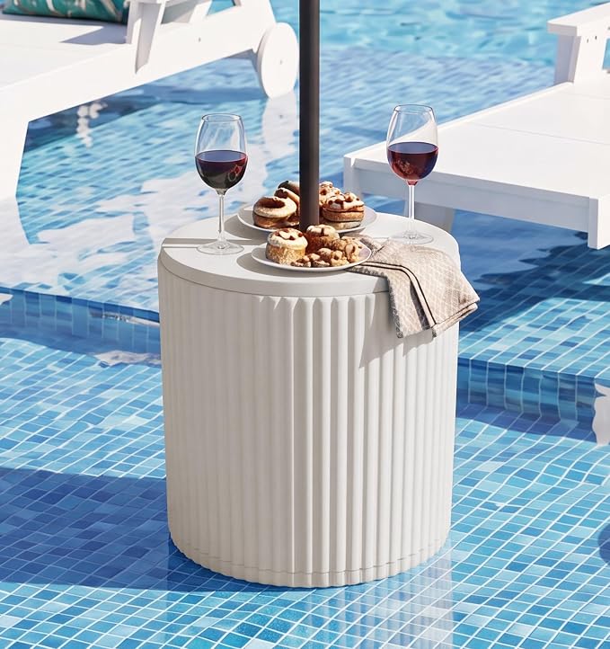 SERWALL Round Outdoor Umbrella Side Table Set of 2 - Outdoor Patio Table with Umbrella Hole for Porch/Patio/Poolside, Beige