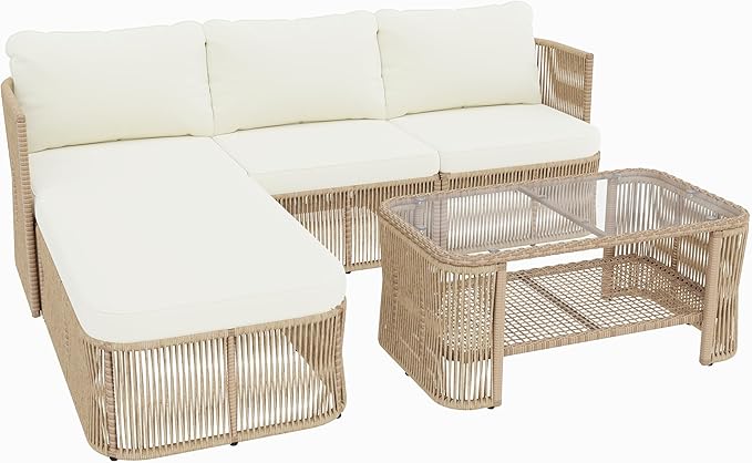 VilroCaz Outdoor PE Rattan Patio Furniture Sectional Sofa Set with Iron Frame, All-Weather Beige Wicker Conversation Set with Thick Cushions and Coffee Table for Garden Backyard Balcony
