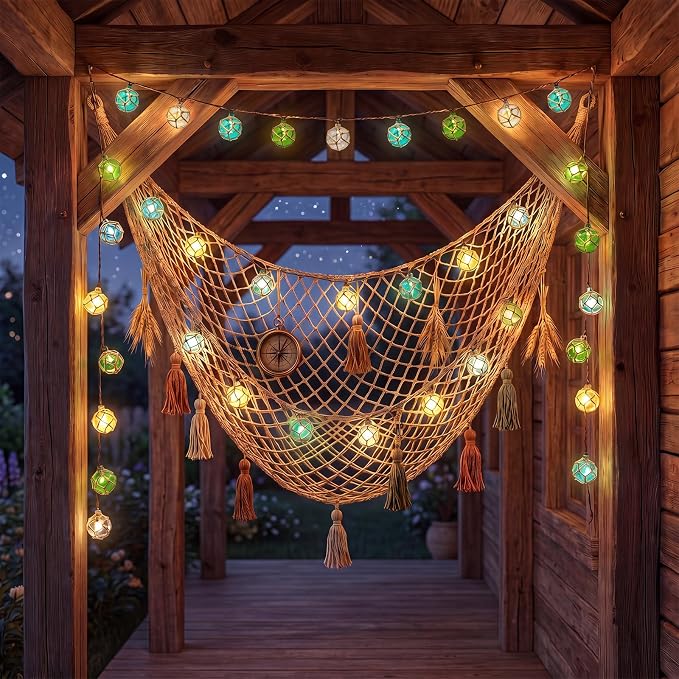 8.5Ft 10L Nautical Fish Float String Lights，Plug in Beach Themed Buoy Light | 1 Pack Fish Net, Connectable, Wall Hanging Fairy Lights for Indoor Home, Outdoor Patio Decorations - Blue/Green/White