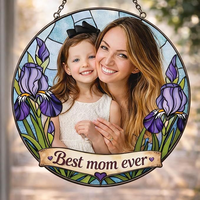 Personalized February Iris Birth Flower Stained Glass Suncatcher – Custom Photo & Name Window Hanging Keepsake Gift for Mom, Grandma, Mother’s Day or February Birthday