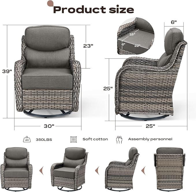 Rilyson Outdoor Patio Furniture Set - Weather Resistant Wicker,High Back,6 inch Cushions,6 Piece Patio Furniture Set with Swivel Rocker Chairs and Side Table for Deck Porch Yard,Mixed Grey/Blue