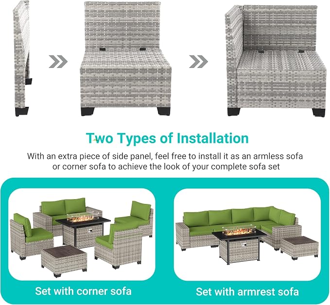 7-Piece Outdoor Patio Furniture Set with 55,000 BTU Fire Pit Table, PE Wicker Rattan Sectional Sofa Patio Conversation Set with Thickened Cushions & Coffee Table, Avocado Green