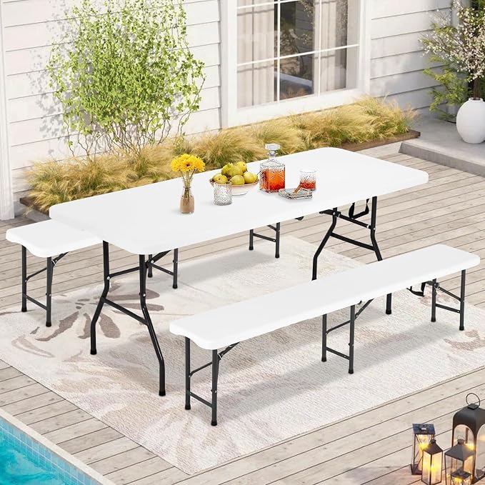 6ft Folding Table and Benches, Outdoor Folding Benches Set of 2, Foldable Table with Handle, Tables and Benches for Parties, Picnic, Event, Indoor Outdoor Activities, at Home and Commercial Use, White