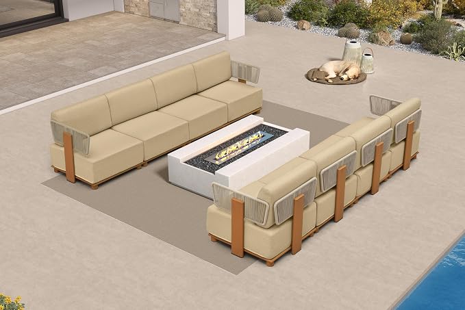 PURPLE LEAF Patio Furniture Set Modular Open-End Outdoor Sectional Sofa with 11" Thick Olefin Cushion 8-Piece Outdoor Conversation Set with White Lights for Patio Backyard Garden Poolside, Beige
