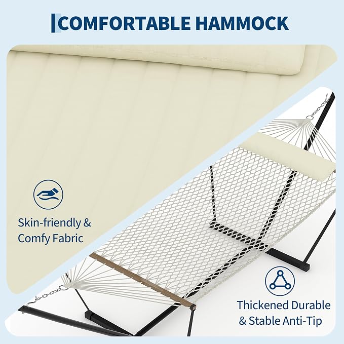Garvee 2 Person Portable Double Hammock for Outdoor with Pillow, Heavy Duty Portable Hammock with Adjustable Steel Stand for Patio, Garden, Beach, Backyard