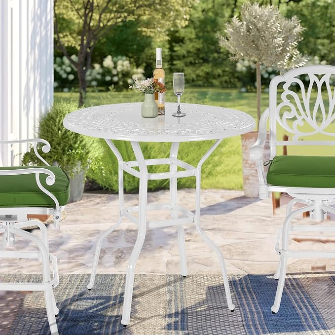 VIVIJASON 38.5" Patio Height Bar Table, All-Weather Cast Aluminum Bar Bistro Table Outdoor Patio Round Dining Table with Umbrella Hole for Balcony, Lawn, Garden, Backyard, White