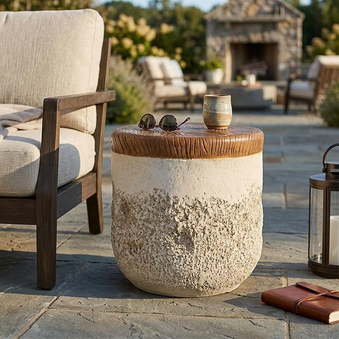 Merax Outdoor Patio MGO Side Table, 16" Height Round Side Accent Table with Dual-Texture Design, Beige Tone Base & Faux-Wood Grain Top, Patio End Table for Balcony Poolside, Fully Assembled