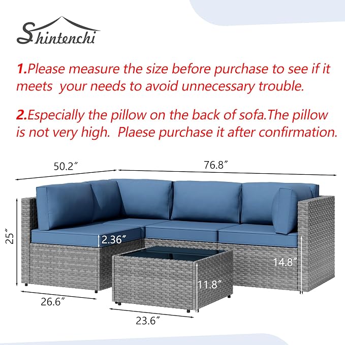 Shintenchi 5 Pieces Outdoor Patio Furniture Sets, Patio Sectional Sofa Couch, Gray PE Wicker Furniture Modular Patio Conversation Sets Patio Sofa with Washable Cushions & Table（Aegean Blue）