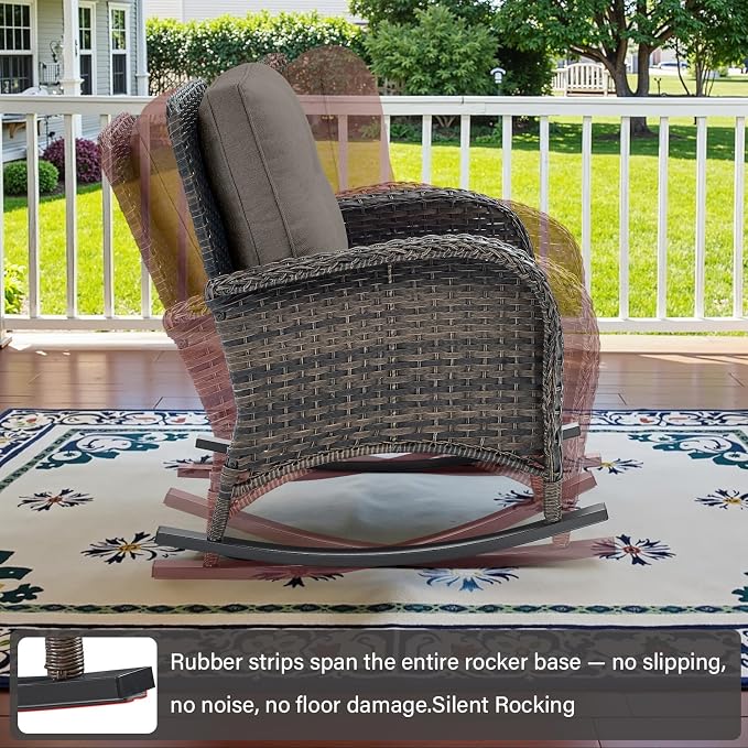 Belord Patio Rocking Chair Wicker Chair, 1 Piece Outdoor Rocking Chair Seating with Cushions for Porch Deck Balcony, Brown/Gray