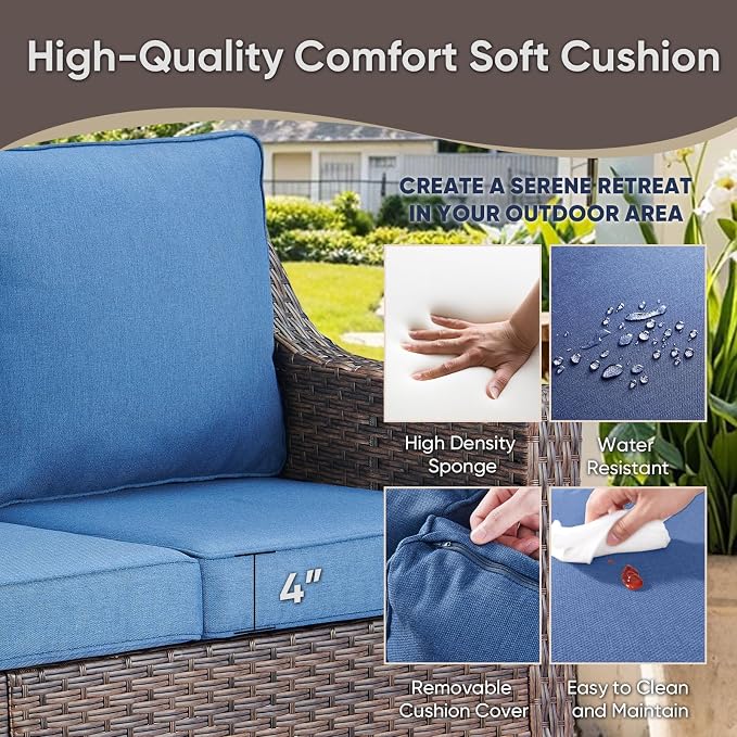 Outdoor Patio Furniture Set-All-Weather Rattan Wicker Couch with Outdoor Swivel Chair Patio Conversation Sets for Porch Garden Backyard Poolside-Brown/Blue
