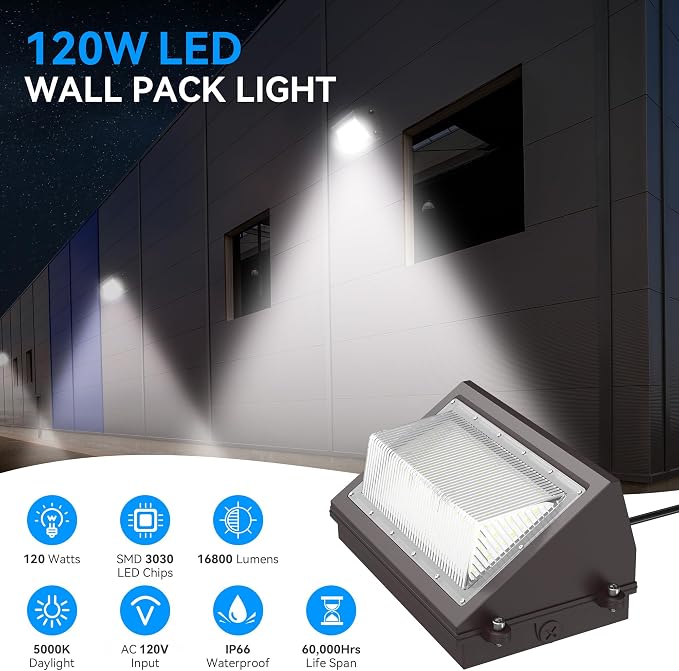 120W LED Wall Pack Light with Dusk-to-Dawn Photocell Sensor, 16800LM 5000K | IP66 Waterproof 120V LED Security Flood Lighting Outdoor Wall Mount Lights for Parking Lot, Warehouse, Factory, Yard 2 Pack