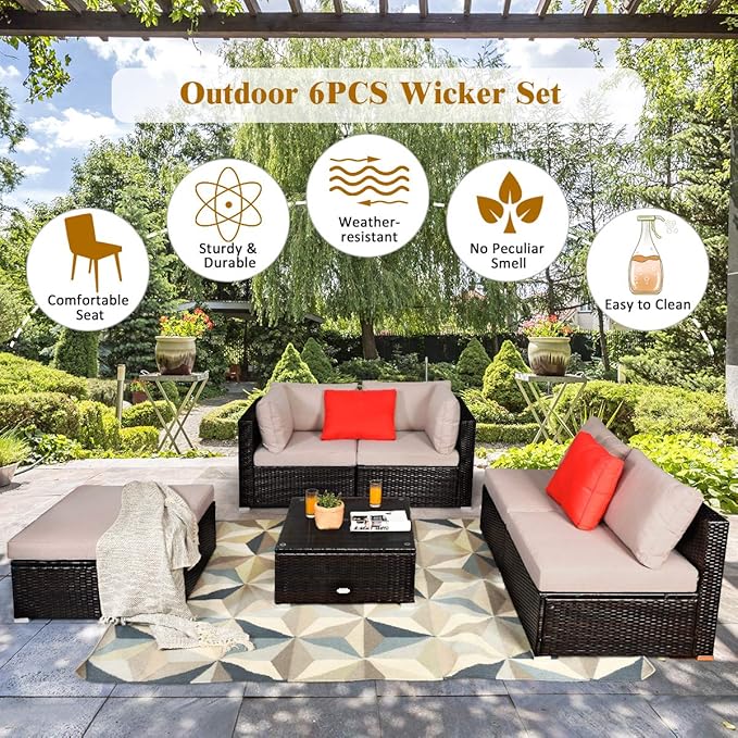 RELAX4LIFE 6-Piece Patio Sofa Set - Outdoor Sectional Sofa Set Wicker Conversation Set w/Table & Removable Cushions, Modular Sofa Set Patio Furniture for Backyard, Poolside, Balcony (Beige)