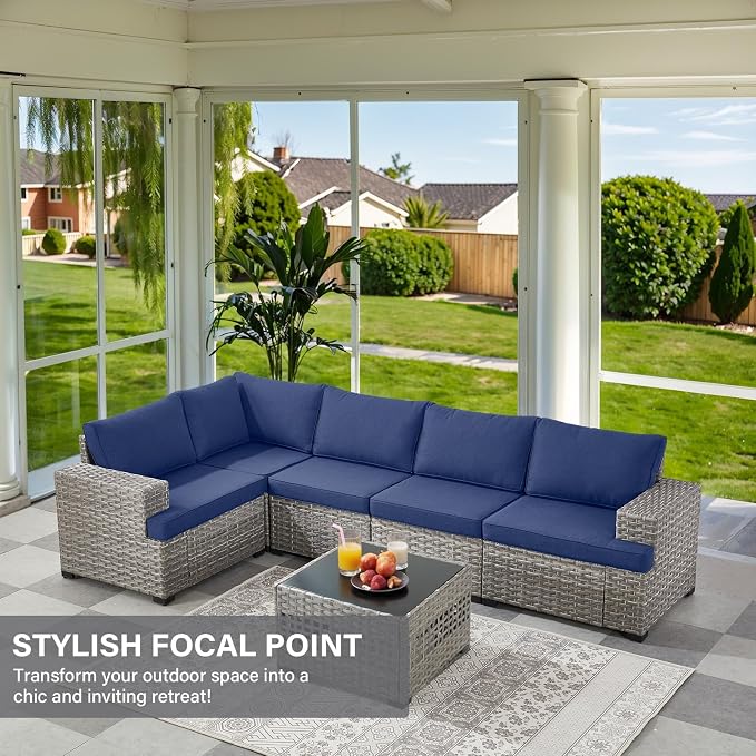 Belord 6 Piece Wicker Patio Furniture Set - 10" Wide Armrests Outdoor Sectional Couch, 5-Seater Modular Patio Conversation Set with Glass Coffee Table for Deck Sunroom Backyard