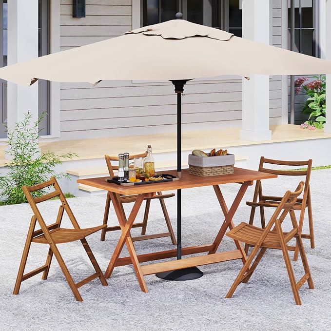 Tangkula 54.5-Inch Patio Dining Table, Solid Wood Outdoor Table with Teak Painting & 2" Umbrella Hole, Rectangular Outside Dining Table for Balcony, Deck, Porch, Backyard