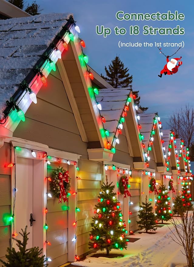 C9 Christmas Lights Outdoor, 102FT 150 LED String Lights with Spring Clips | Waterproof Connectable Commercial Grade Christmas Tree Lights for Outside Roofline Patio Yard Home, Red Green|Pure White