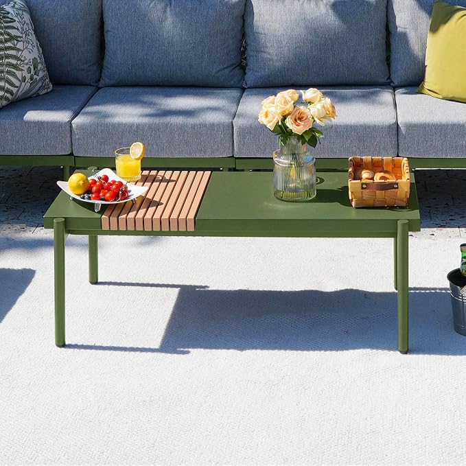 Sundale Outdoor Modern Metal Outdoor Coffee Table with Slatted Wood-Look Tabletop Design, Weather-Resistant Patio Side Table for Garden, Balcony, Poolside(Green)