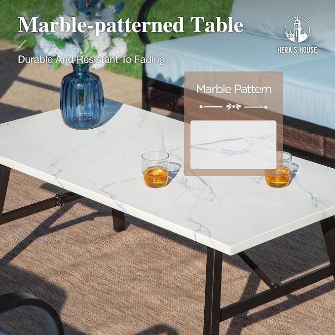 HERA'S HOUSE 6 Piece Metal Patio Furniture Set, All Weather Outdoor Conversation Set with 3-Seat Sofa, 2 Rocking Chairs, 2 Fixed Chairs & Coffee Table, 7 Seats for Backyard, Garden, Deck, Blue