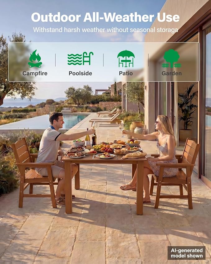 YEFU HIPS Patio Dining Sets:3-Piece All-Weather Outdoor Dining Table and Chairs Square Dining Table Set for 2 - Easy Assembly Outdoor Furniture Set for Lawn Deck Backyard Poolside（Teak）