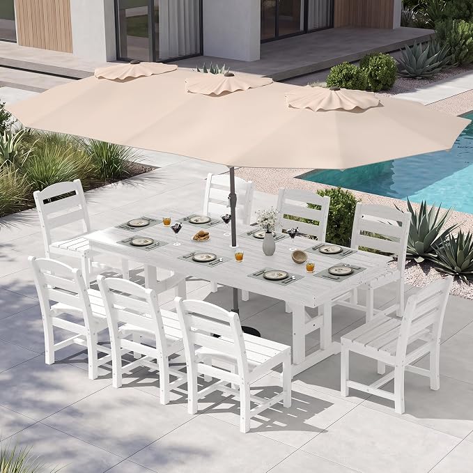 KINGYES 8-Person Outdoor Patio Dining Set with Patio Umbrella,84 inch HDPE Rectangular Table and Chairs Set，Waterproof Furniture Set with Umbrella Hole for Backyard,White