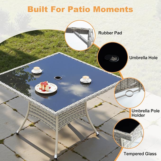 10-Piece Patio Dining Set, Patio Furniture Set with Square Tempered Glass Table & 8 Wicker Chairs, Expandable Design for Larger Groups, Outdoor Furniture for Backyard, Deck, Garden, Dark Grey