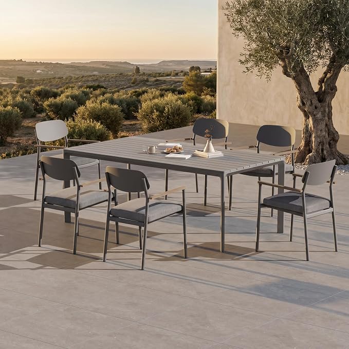 Modern Shade Luxury Outdoor Dining Set for 7, Outdoor Table and Chairs Set with Fade Resistant Cushions & FSC Teak, Premium Aluminum Patio Table and Chairs Set for Elegant Outdoor Living, Gray