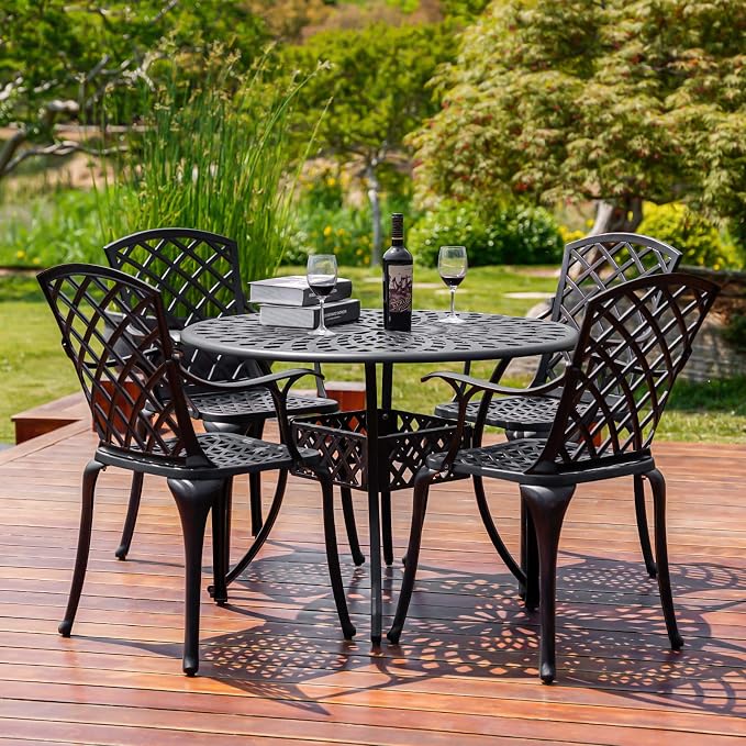 5 Pieces Outdoor Patio Dining Set, Cast Aluminium Patio Furniture Set with 4 Chairs Round Table, Anti Rust Outdoor Dining Set with 1.97" Umbrella Hole for Garden, Porch and Poolside, Bronze