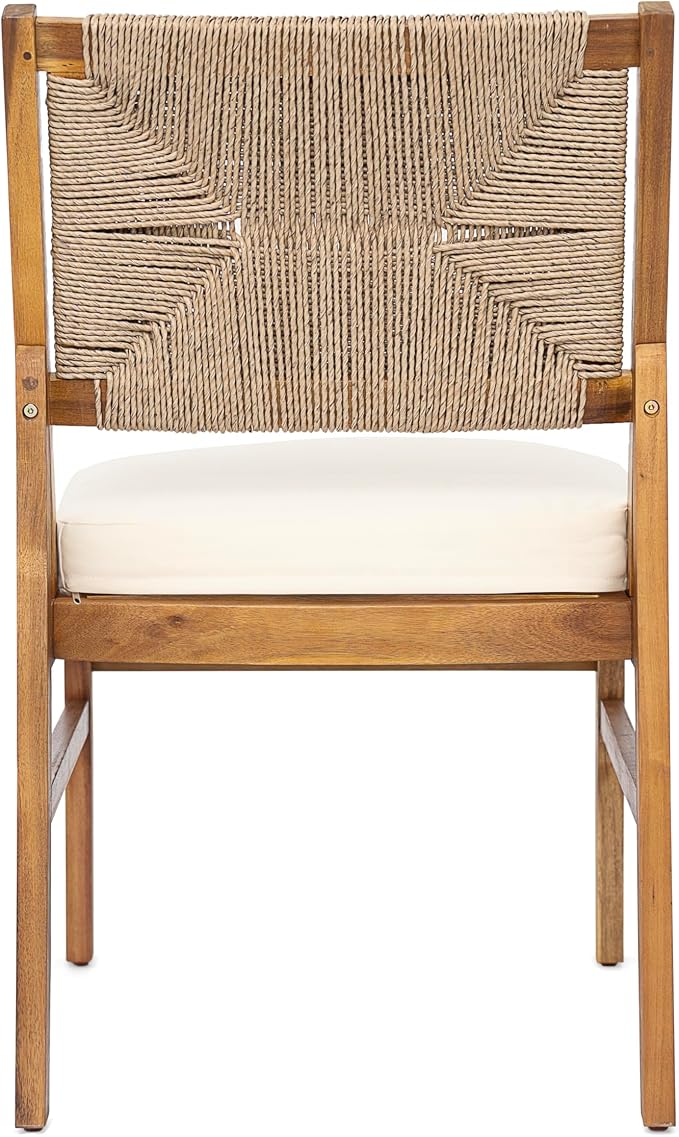Christopher Knight Home Mave Acacia Wood Dining Table Set for 6, 7 Piece Patio Extendable Dining Table & Armless Chairs Set Of 6 with Cushion & Wicker Back, Patio Furniture Set, Cream+Light Brown+Teak
