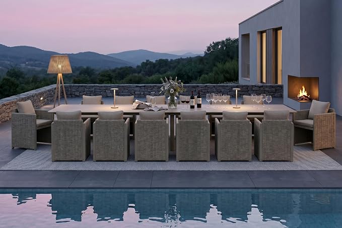 PURPLE LEAF Luxury 14-Person Outdoor Dining Set 189-Inch Aluminum Patio Table with Handwoven Olefin Rope Chairs, Cushioned Seating for Large Gatherings, Estate Patio and Poolside Entertaining Beige