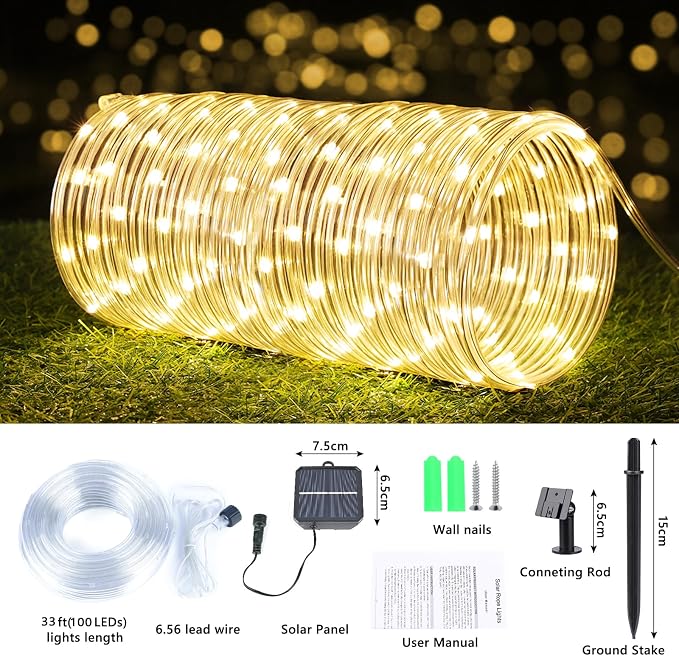 Solar Rope Lights, 2 Pack Total 66ft 200LED Solar String Lights, 8 Modes Waterproof Solar Outdoor Light, Flexible Clear Trampoline Light for Garden Yard Patio Deck Porch Pool Tree Decor - Warm White