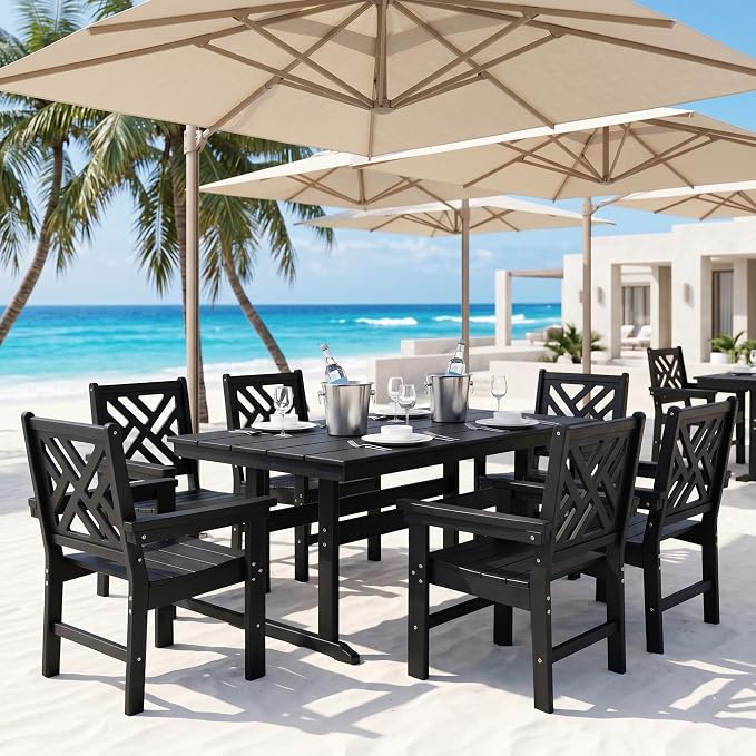 HDPE Dining Table Set for 6,7-Piece Outdoor Table and Chairs Include 6 Dining Chairs and 62.5" Patio Dining Table with Umbrella Hole (Black)