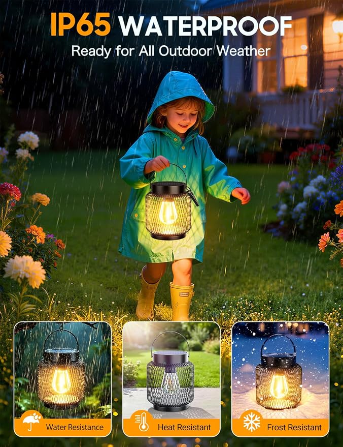 KOOPER Metal Solar Lanterns Outdoor Waterproof, 2 Pack Brighter Hanging Solar Lights for Outside, Up to 15 Hours Modern Hanging Solar Powered Lanterns Lights for Yard Patio Path Tree Garden Decorative
