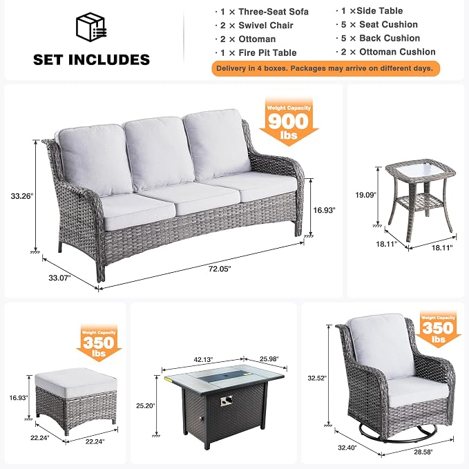 ovios 7 Pieces Patio Furniture Set with 42 inch Fire Pit Table, Outdoor Wicker Sofa Couch Swivel Rocking Glider Chairs, Modern Luxury Conversation Set, Grey Wicker, Grey