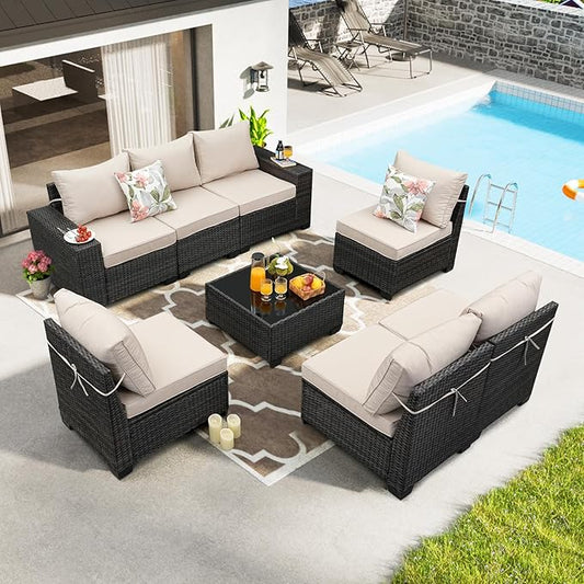 8 Pieces Patio Furniture Set,Wicker PE Rattan Outdoor Sectional with Cushion & Coffee Table, Patio Conversation Sofa for Garden, Backyard, Poolside, Beige