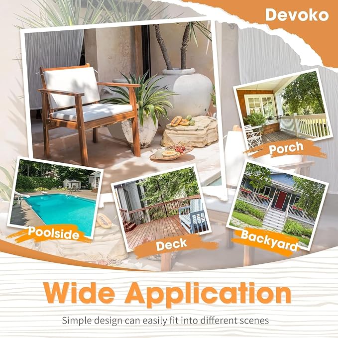 Devoko Patio Set 3 Piece Acacia Wood Outdoor Furniture Conversation Seat with Table & Cushions Porch Chairs for Balcony, Deck, Backyard, Beige