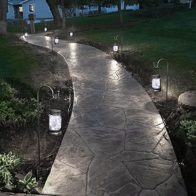 4 Pack Solar Mason Jar Hanging Lantern with Stakes, Cool White | Solar Fairy String Lights, Vintage Glass Lamp, Waterproof, Bright, for Indoor Outdoor Yard Patio Path Tree Xmas Decor